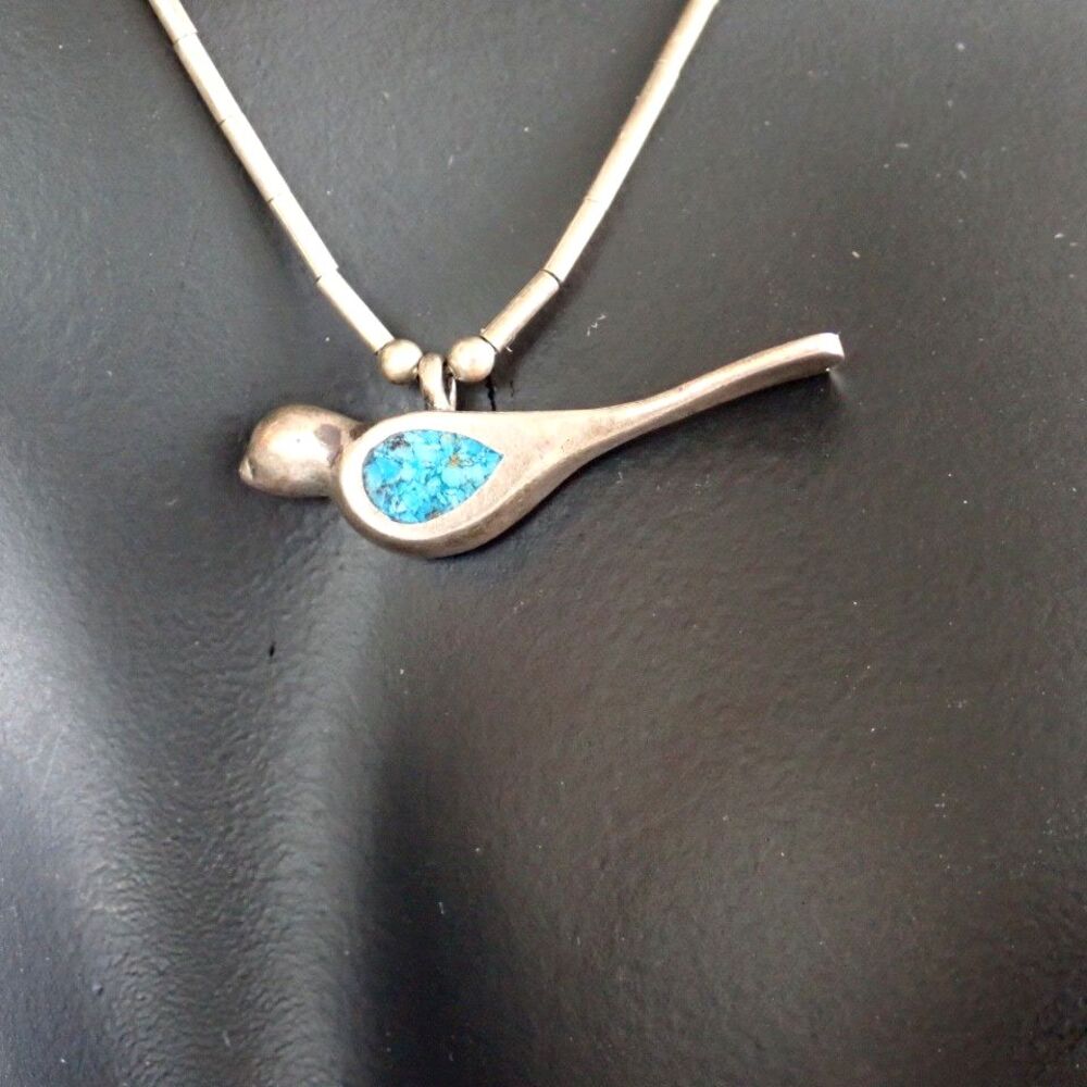 Zuni Native American Sterling Silver Turquoise Chip Bird Pendant Necklace 15" - Picture 3 of 16